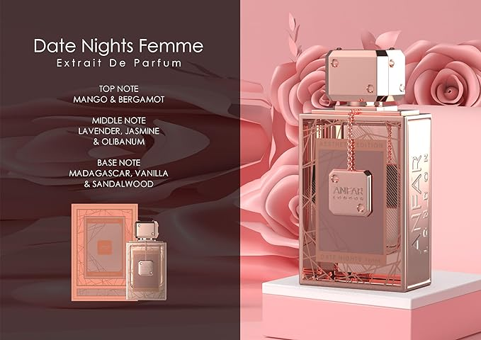 Aesthetic Edition Date Nights Femme Extrait de Parfum, 3.4 oz, Notes: Mango, Bergamot, Lavender, Jasmine, Olibanum, Madagascar Vanilla, Sandalwood,FOR WOMEN,100ML