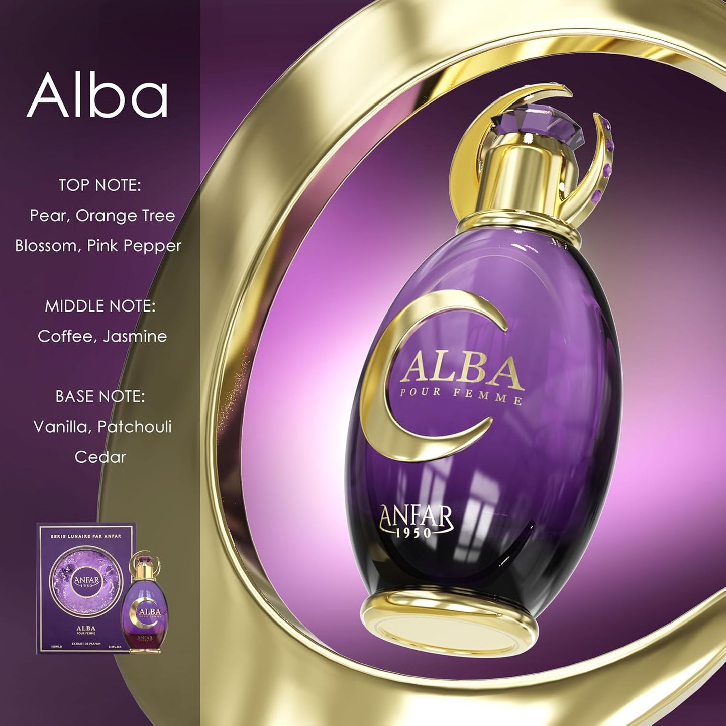 1950 ALBA Pour Femme Extrait de Parfum by, 3.4 fl oz, Pear, Orange Blossom, Pink Pepper, Coffee, Jasmine for WOMEN.