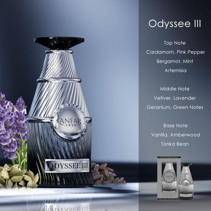 Odyssee III Pour Homme 1950, Extrait de Parfum, 3.4 fl oz, Woody Fragrance, Cardamom, pink pepper, bergamot, mint, for men, 100ml.